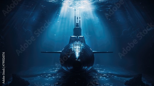 Heavy atomic submarine under the ocean.