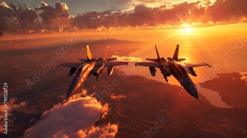 Fighter aircraft at sunset.