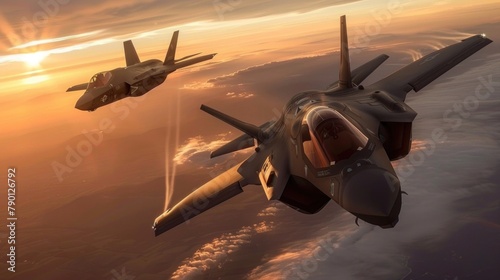 Fighter aircraft at sunset.