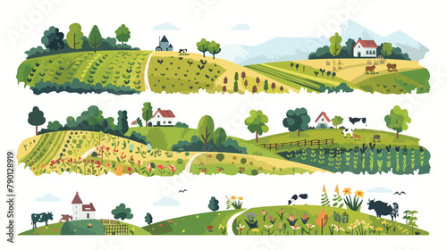 Farmland landscapes set. Farms backgrounds with cows