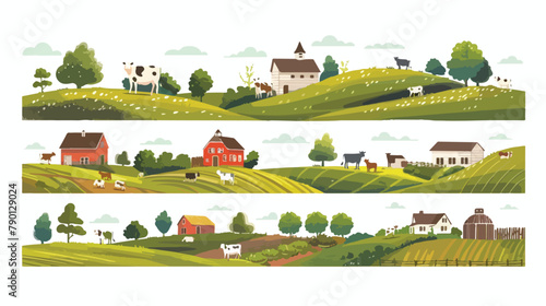 Farmland landscapes set. Farms backgrounds with cows