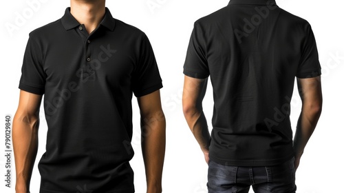 An isolated white background shows a man with a blank black polo shirt, front and back. Design the polo shirt, template and mockup for print.