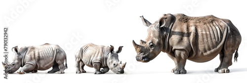 Collection standing, sitting, lying group rhino (rhinoceros unicornis) family, young baby, isolated on white background