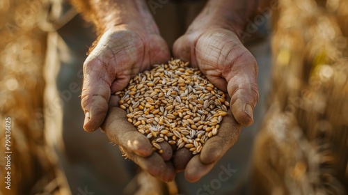 Farmer holding a handful of wheat in his hands, close-up