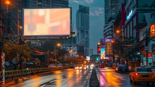 This is an empty billboard on one of Thailand's streets. It has a copy space for your text or other content on it. This is a mockup of a blank billboard in a big city in the evening. It will be the