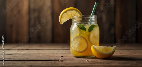 Filling fresh lemonade in mason jar glass on wooden table outside