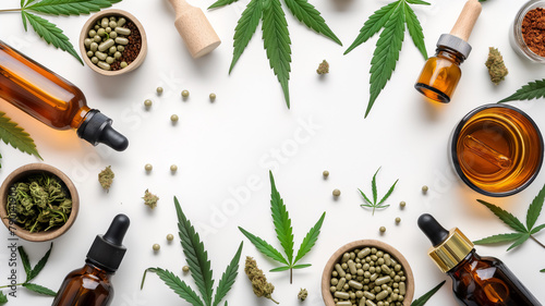 Assorted cannabis-related items including leaves, tincture bottles, and buds on a white background.