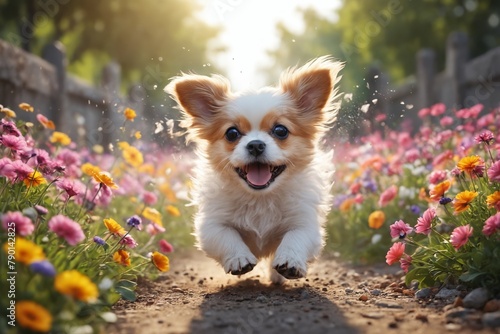 Dog's Day Out: Exuberant Pup Explores a Sunlit Floral Paradise