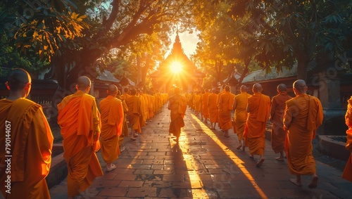 Monks in orange robes walking in a line for alms in the early morning, a serene and disciplined procession