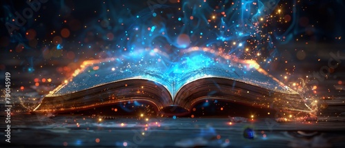 An open book with bright light and sparkles coming out of it.