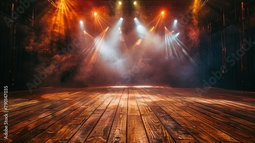 Dramatic concert stage with vibrant lighting and smoke effects