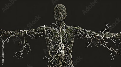 An elaborate illustration of the lymphatic system. emphasizing the complex lymph vessels and fluid circulation paths. The setting is black to accentuate these detailed designs. 