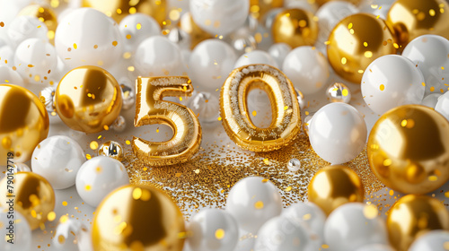 Stockphoto, Background for a 50 years birthday, golden wedding anniversary, golden numbers on a white background. Golden and white balloons. Golden numbers, text "50". Party invitation, menu.