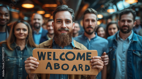 award-winning realistic stock photograph. A group of well-dressed eccentric and quirky professionals at a job fair holding a professionally printed sign that reads "WELCOME ABOARD". Presented in minim