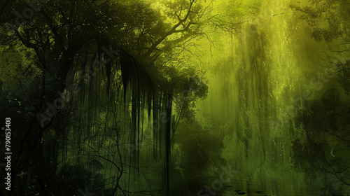 Against a canvas of vibrant chartreuse, a luminous cascade of ebony mist descends, its shadowy tendrils weaving tales of forgotten realms and ancient magic, waiting to be rediscovered.