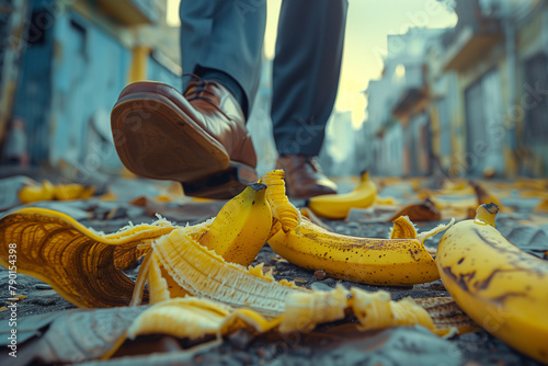 Businessman stepping a banana peel at the street