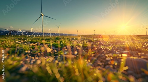 An open field under a clear blue sky features an array of photovoltaic panels with silhouetted wind turbines against the radiant sun in the background.