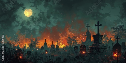 Illustration captures ancestral tribute with lanterns in an eerie old cemetery on Cinco de Mayo, featuring a minimal front portrait.