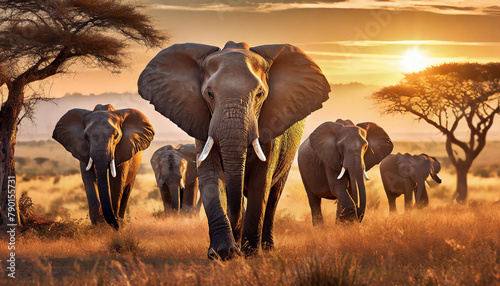 a herd of elephants walking across a dry grass field at sunset with the sun in the background
