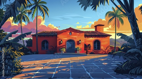 Sunrise over a Mexican hacienda, casting long shadows and promising celebrations, illustration style, in straight front portrait minimal.