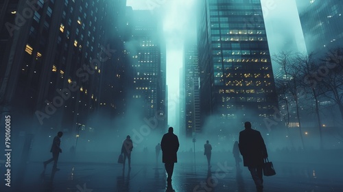 Eerie financial district at night, foggy with ghostly silhouettes of businessmen, conveying a spooky yet successful atmosphere
