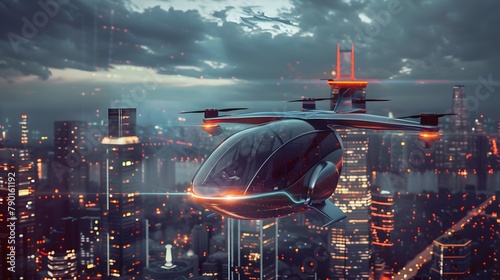 Air taxi and city view at night. Air vehicle. Personal air transport. Autonomous aerial taxi. Flying car. Urban aviation. Futuristic technology. Electric VTOL passenger aircraft. 