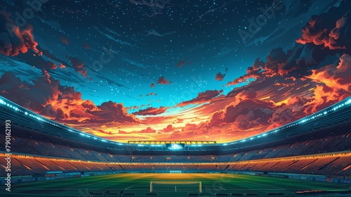 Futuristic stadium glowing under a starry night sky with vibrant orange clouds