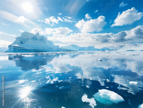 Melting glaciers with icebergs floating in clear blue water, dramatic sky backdrop
