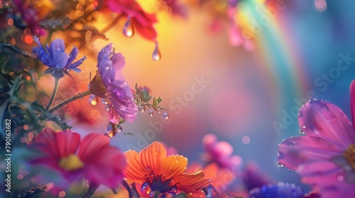 A hyperrealistic close-up of a dewdrop clinging to the edge of a picture frame, casting a miniature rainbow reflection onto a background of colorful wildflowers.