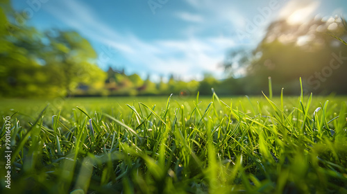 Beautiful blurred background of spring nature on the meadow with green grass and trees. blue sky. Focus in the center to make it as sharp as possible. No blur in the focus area. Blurred edges