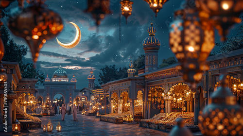 Create a captivating image for a Ramadan greeting from a luxurious jewelry store. The scene is set in the evening with the crescent moon shining brightly in the sky
