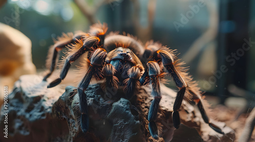Close up of a captivating tarantula in an exotic pet store. its intriguing face with hairy body and legs