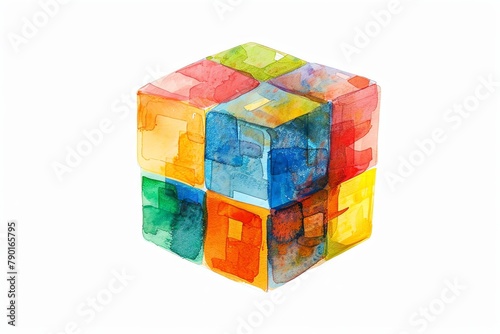 Activity cube, educational elements, watercolor, bright primary colors, multisided exploration