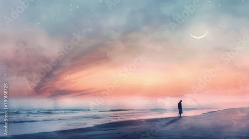 A minimalist watercolor painting of a lone figure walking along a deserted beach at sunset, with a crescent moon in the sky. 