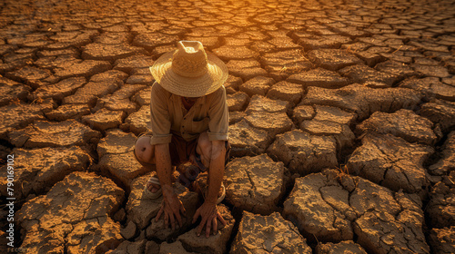 Person in hat crouched on cracked dry soil, with a glowing phone on back, highlighting effects of severe drought.