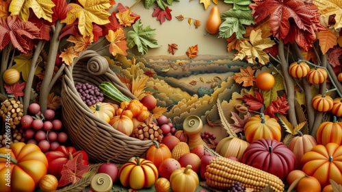 A papercut landscape depicting a harvest festival, a cornucopia overflowing with autumn fruits and vegetables, crafted from textured paper. 