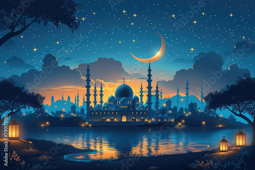 A mosque in Abu Dhabi with the moon and stars shining behind it, with golden lights reflecting on the water. Created with Ai