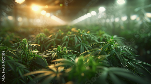 Indoor cannabis cultivation facility with vibrant green plants under artificial lighting, showcasing advanced agricultural technology and controlled environment agriculture.