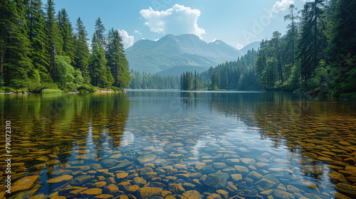  A serene lake in the Tatra Mountains, surrounded by dense forests and distant mountains under clear blue skies. Created with Ai