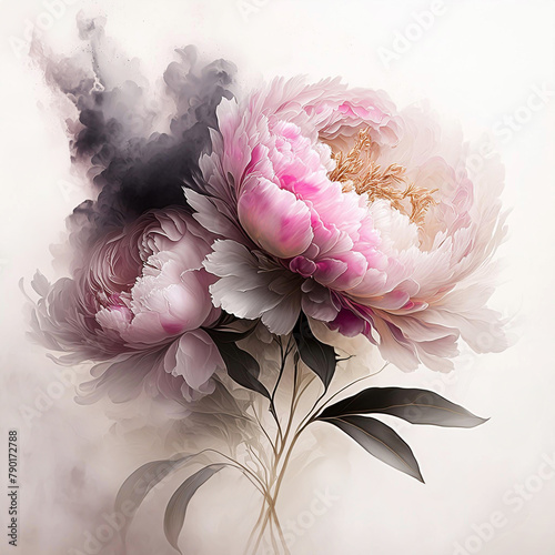Peonie, różowe kwiaty akwarela. Ilustracja, wiosenna kwiatowa dekoracja, obraz na ściane. Motyw kwiatowy, jasne tło