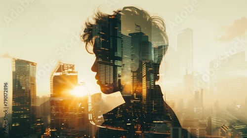 Big city loneliness concept with human silhouette against urban multi storey megapolis city lights and buildings background
