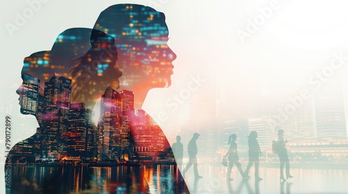 Big city diversity and inclusivity concept with women in love with human female silhouettes against urban multi storey megapolis city lights and buildings background