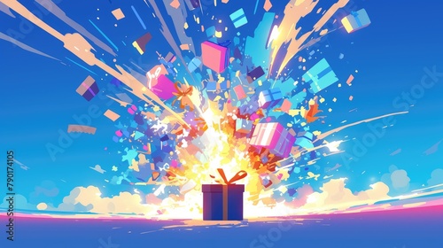 The gift box bursts open in a flat illustration creating a dynamic visual impact