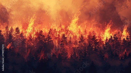 Forest fire, wildfire landscape natural disaster background banner panorama - Burning flames with smoke development and black silhouette of forest trees