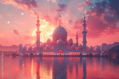 3D illustration of a night mosque with a crescent moon and glowing lanterns, depicting a Ramadan Kareem concept background banner for greeting card design or poster. Created with Ai