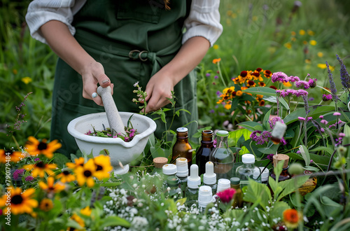 Preparing herbal remedies in a blooming garden