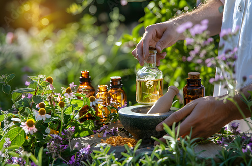 Preparing natural remedies in a serene garden setting