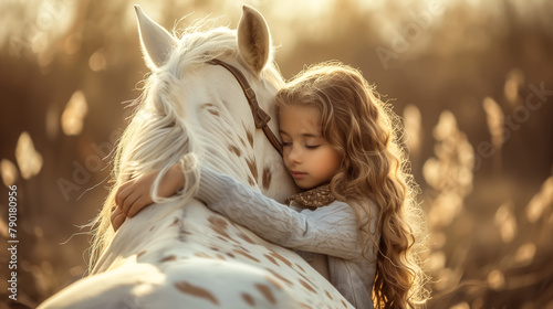 A girl embraces a majestic horse with genuine affection. The pure bond between a human and a horse during the tranquil morning hours. Generative AI.
