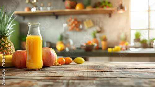 A glass of orange juice sits on a wooden cutting board next to a variety of fruits, including oranges, kiwis, and grapes