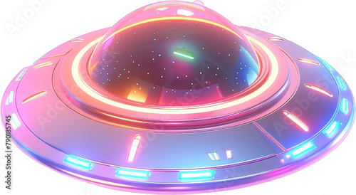 A colorful, neon space ship with a glowing dome. The ship is floating in space and he is a UFO